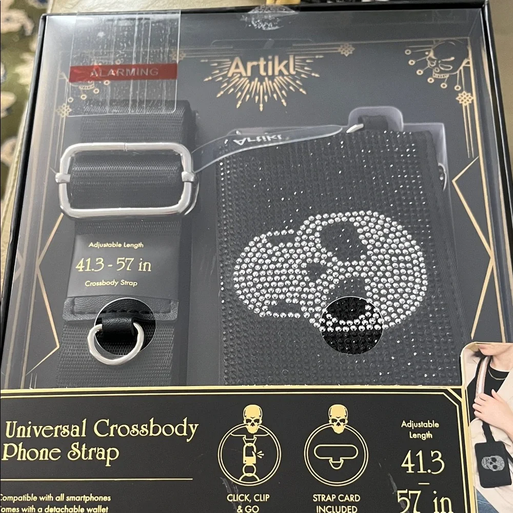 NIB! Artikl Black Crossbody Phone Strap with Skull Design